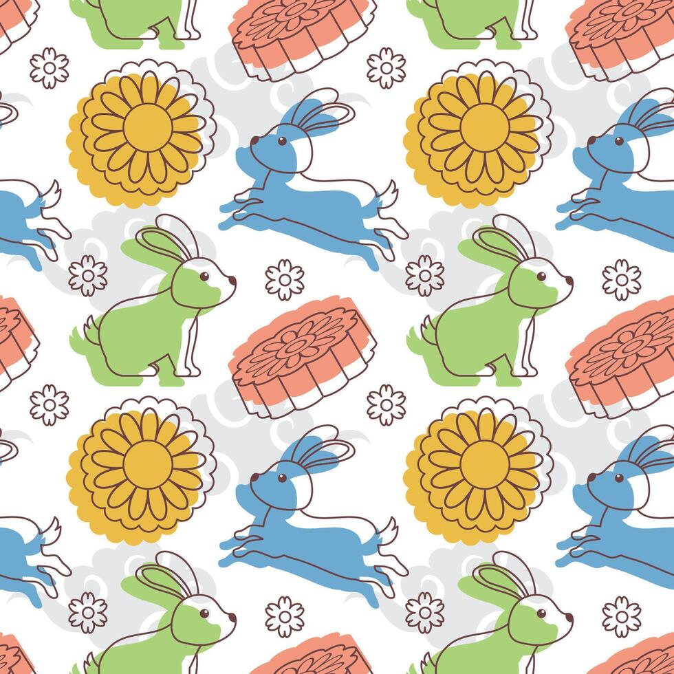 Mid Autumn Seamless Pattern Design with Decorative Elements in Hand Drawn Cartoon Flat Illustration Template vector