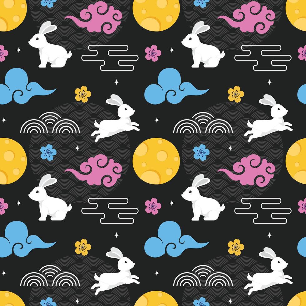 Mid Autumn Seamless Pattern Design with Decorative Elements in Hand Drawn Cartoon Flat Illustration Template vector