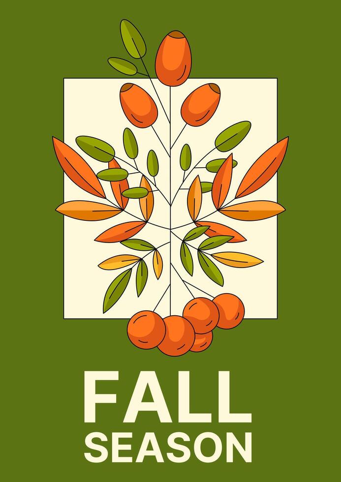 Autumn modern green minimalist vertical poster, composition with rowan, rosehip, leaves. Fall seasonal abstract trendy background, template for cover, banner, flyer, advertising, invitation vector