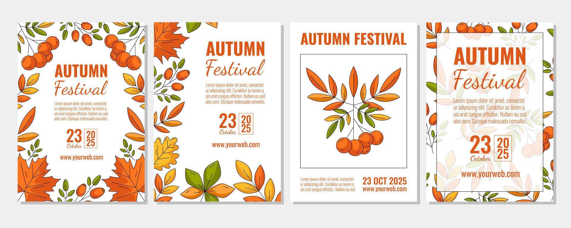 Set of autumn vertical a4 posters, abstract fall leaves frame or pattern. Illustration for social media, postcard, invitation, banner, festival, flyer, party or advertising. Isolated background vector