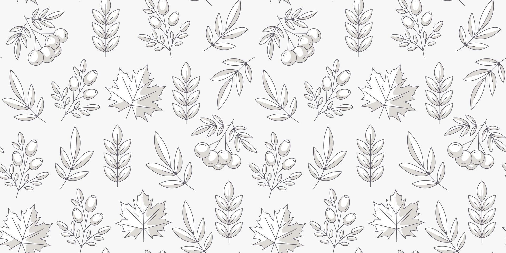 Monochrome gray autumn organic seamless pattern with rowan, maple leaf, rosehip. Isolated white background. Fall endless backdrop. For fabric, paper, textile, gift wrap, cover or wallpaper vector