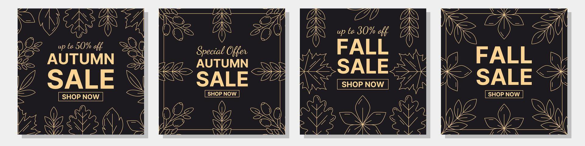 Modern black autumn sale banners set, square cards, minimalist fall background template with maple, oak, chestnut, rowan, aspen leaves, rosehip. Trendy collection for promotion, social media, discount vector