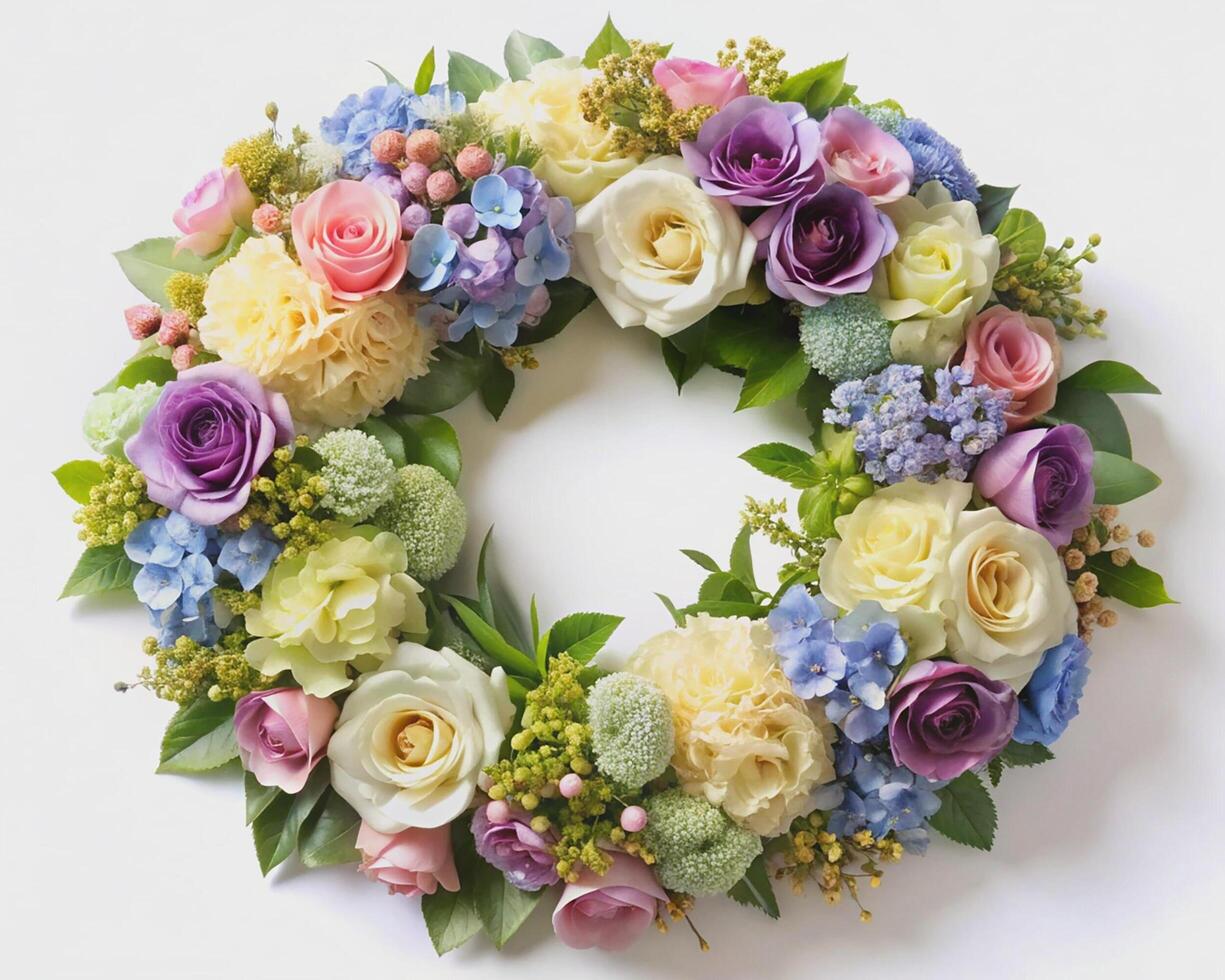 A photorealistic close-up of a flower wreath on a white background. photo