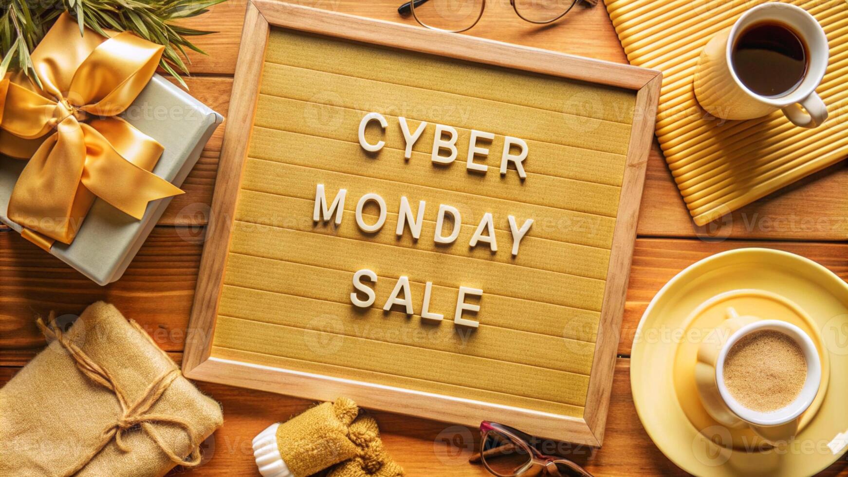 Creative flat lay promotion composition Cyber Monday sale text on board with shopping stuff. Cyber Monday sale mockup promotion advertising. photo