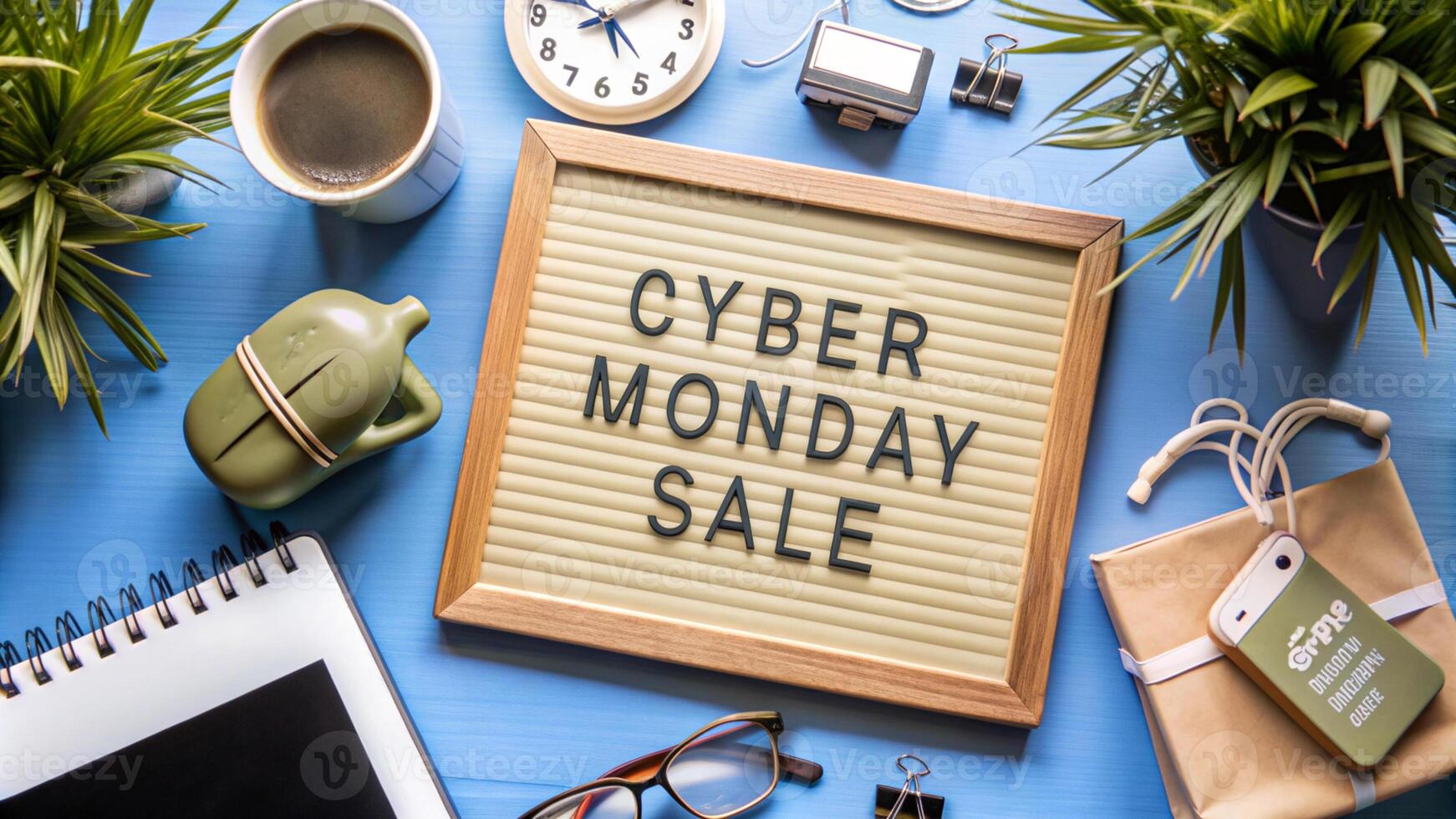 Creative flat lay promotion composition Cyber Monday sale text on board with shopping stuff. Cyber Monday sale mockup promotion advertising. photo