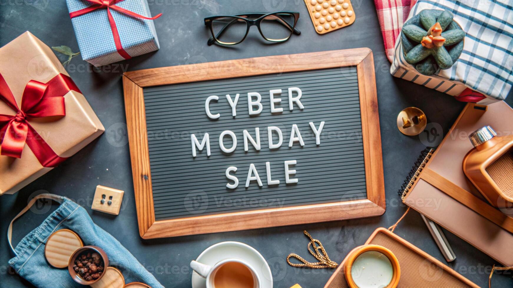 Creative flat lay promotion composition Cyber Monday sale text on board with shopping stuff. Cyber Monday sale mockup promotion advertising. photo