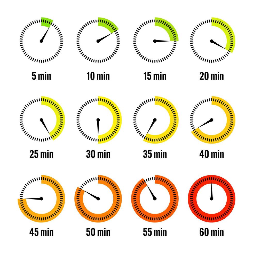 Simple stopwatch icons. Colorful chronometer, time counter with dial. Countdown timer showing hours and minutes. Deadline, measurement for sport. Cooking time label, sticker. illustration vector