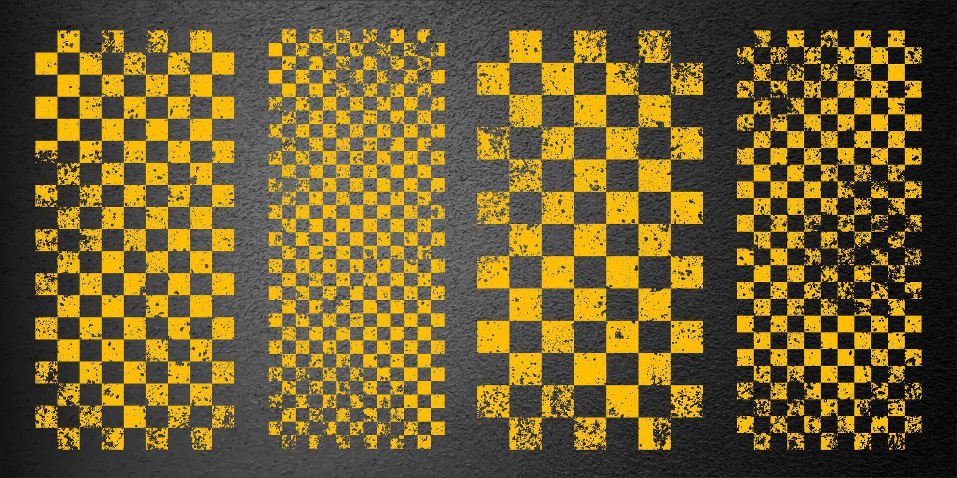 Asphalt road with yellow start or finish checkered line marking, concrete highway surface, texture. Street traffic lane, road dividing strip. Pattern with grainy structure. illustration vector