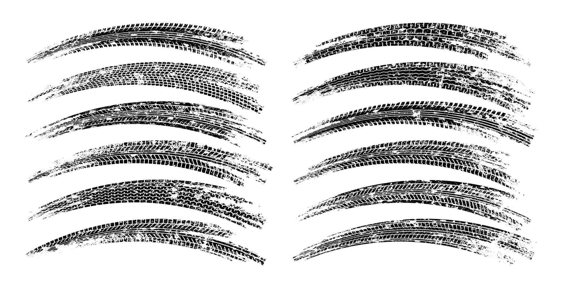 Grunge tire tracks, wheel braking marks. Truck, car or motorcycle tread pattern silhouettes. Auto race, motorsport, speed racing design element. illustration vector