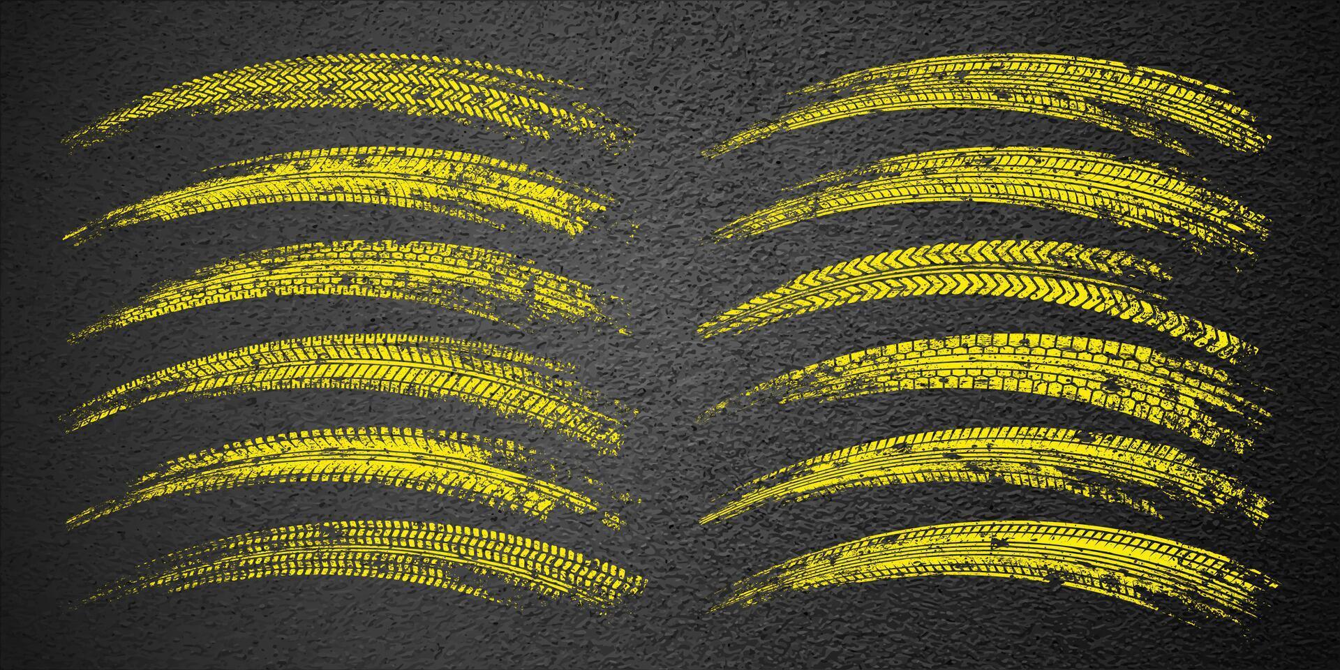 Yellow grunge tire tracks, wheel braking marks. Truck, car or motorcycle tread pattern silhouettes. Auto race, motorsport, speed racing design element. Asphalt texture. illustration vector