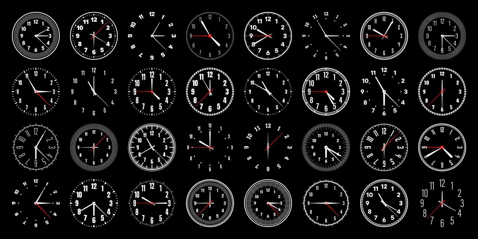 Mechanical clock faces with hands, bezel. Watch dial with minute, hour marks and numbers, arabic numerals. Timer or stopwatch element. Measuring circle scale with divisions. illustration vector