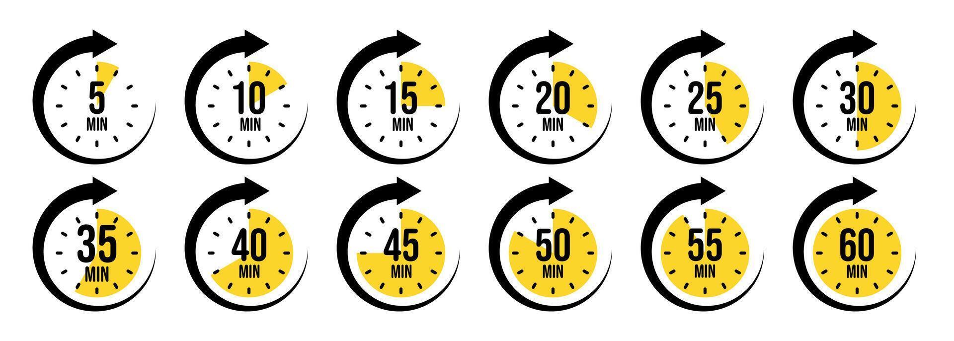 Stopwatch icons with pointer arrow. Colorful chronometer, time counter with dial. Countdown time, hours and minutes. Deadline, sport measurement. Cooking time label, sticker. illustration vector