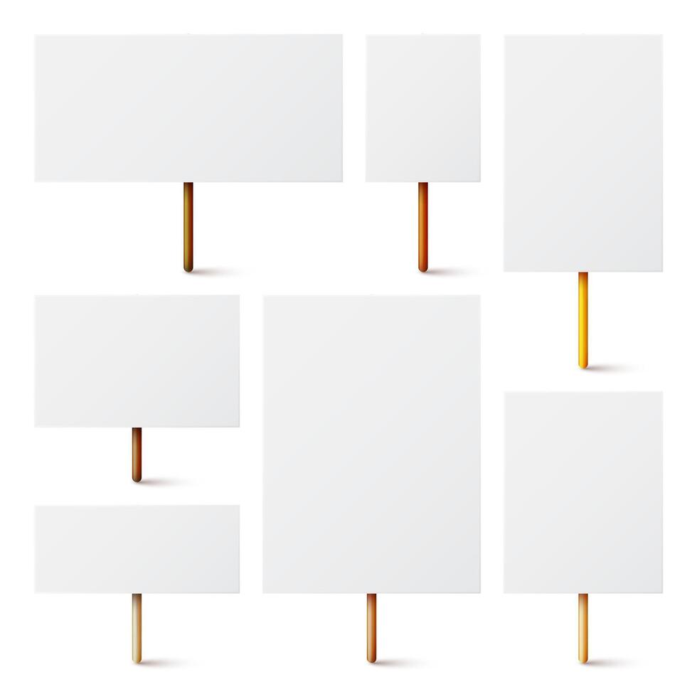 Blank white protest sign with wooden holder. Various realistic demonstration banners. Strike action cardboard placard mockup. Social advertisement. illustration vector