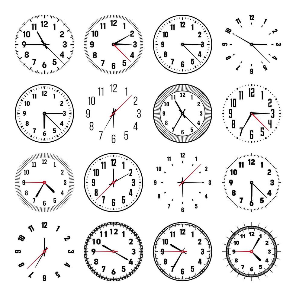 Mechanical clock faces with hands, bezel. Watch dial with minute, hour marks and numbers, arabic numerals. Timer or stopwatch element. Measuring circle scale with divisions. illustration vector