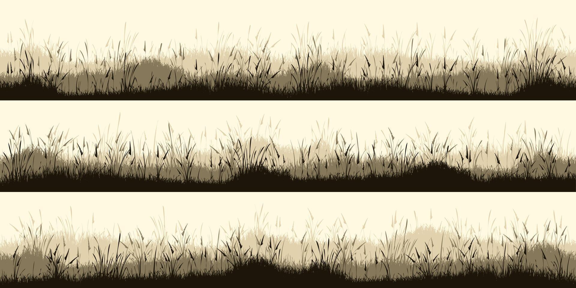 Meadow silhouettes with grass, plants on plain. Panoramic summer lawn landscape with herbs, various weeds. Herbal border, frame. Nature background. Brown horizontal banner. illustration vector