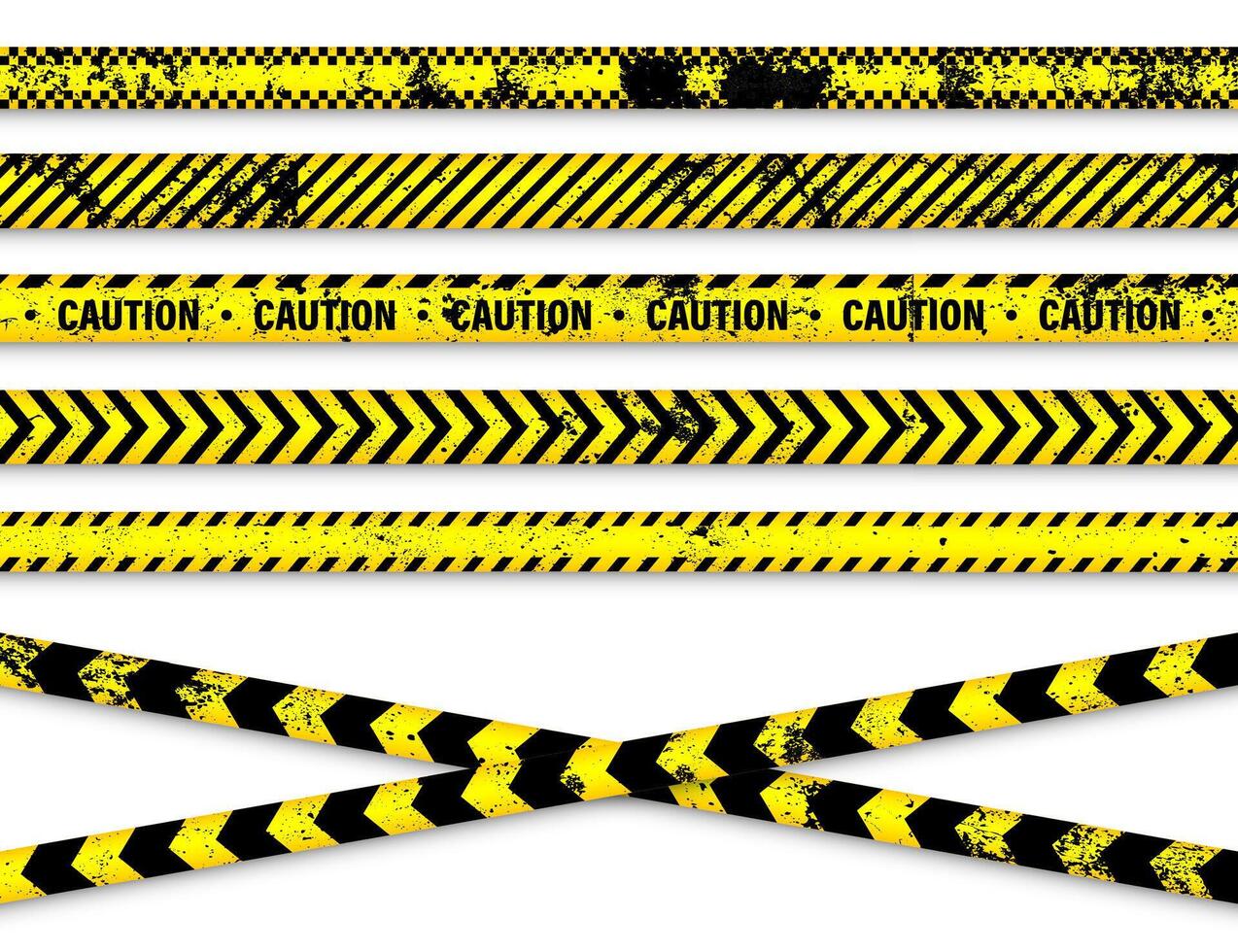 Old grunge barricade construction tape. Yellow police warning line, brightly colored danger or hazard stripe, ribbon. Restricted area, zone. Attention symbol. illustration vector