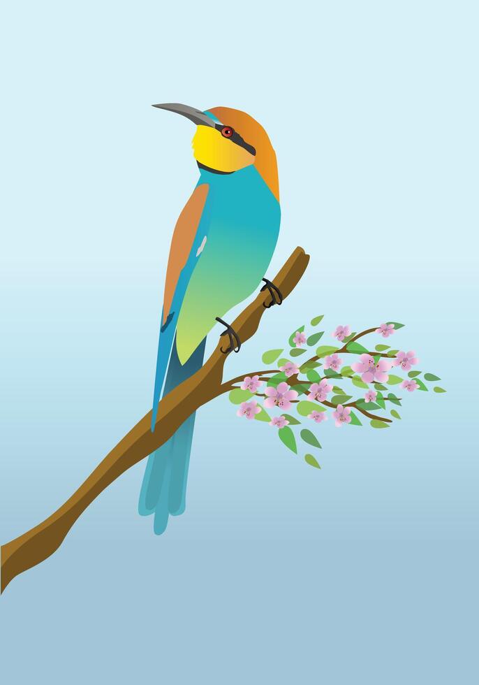 A digital illustration of a European bee eater. The bird is perched on a branch with some pink blossom and green leafs. vector