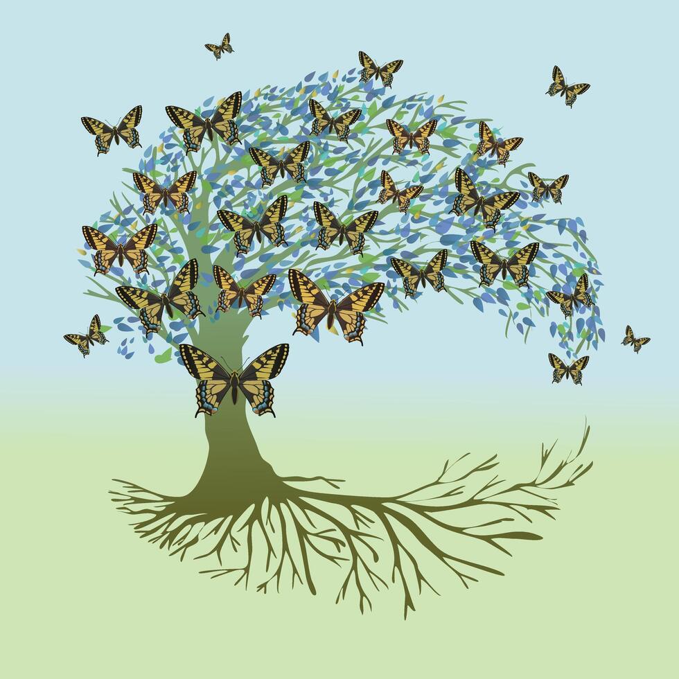 A tree of life, also called yggdrasil, with swallowtail butterflies in the crown. The roots of the tree are visible. vector