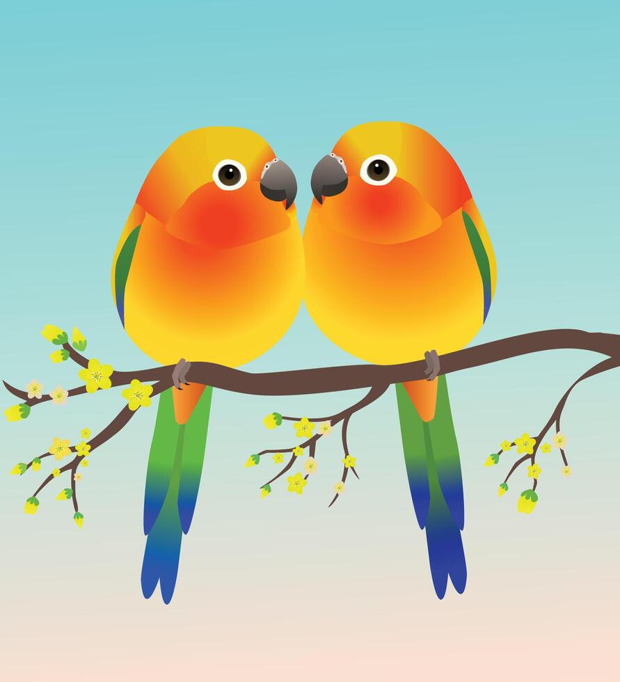 Two very cute egg shaped sun parakeets in the shape of an egg. They are sitting cosy facing each other. Soft blue gradient background. The birds are perched on a branch with yellow blossom. vector