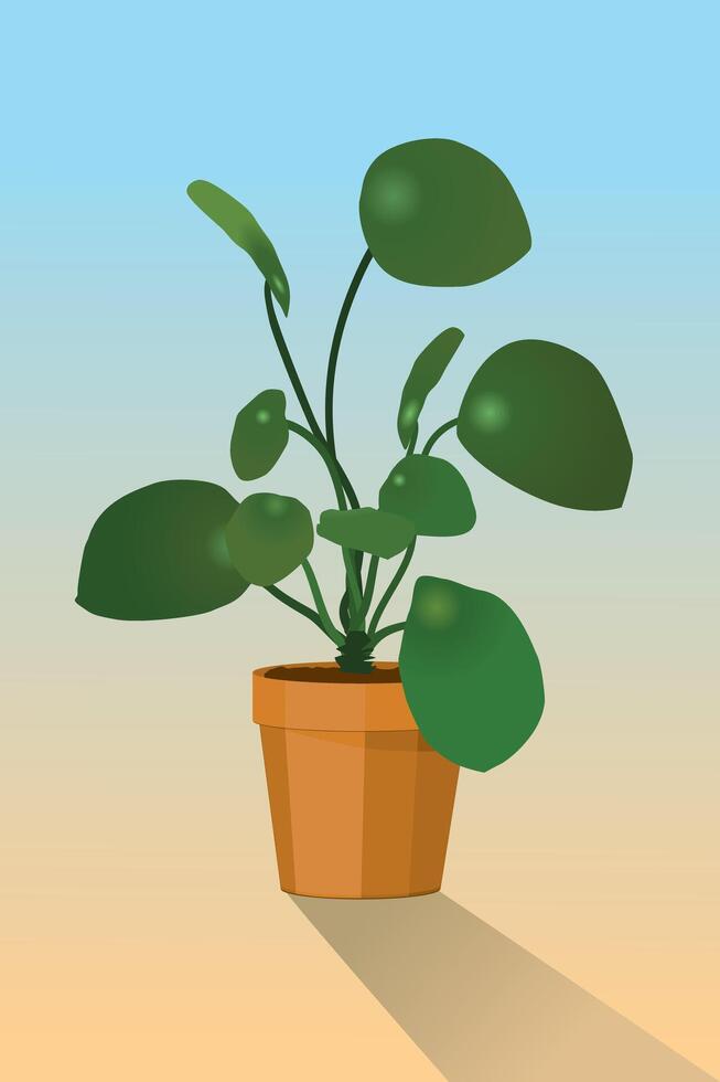 An illustration of a Chinese money plant in a terracotta orange flowerpot. The background is a blue beige gradient. vector