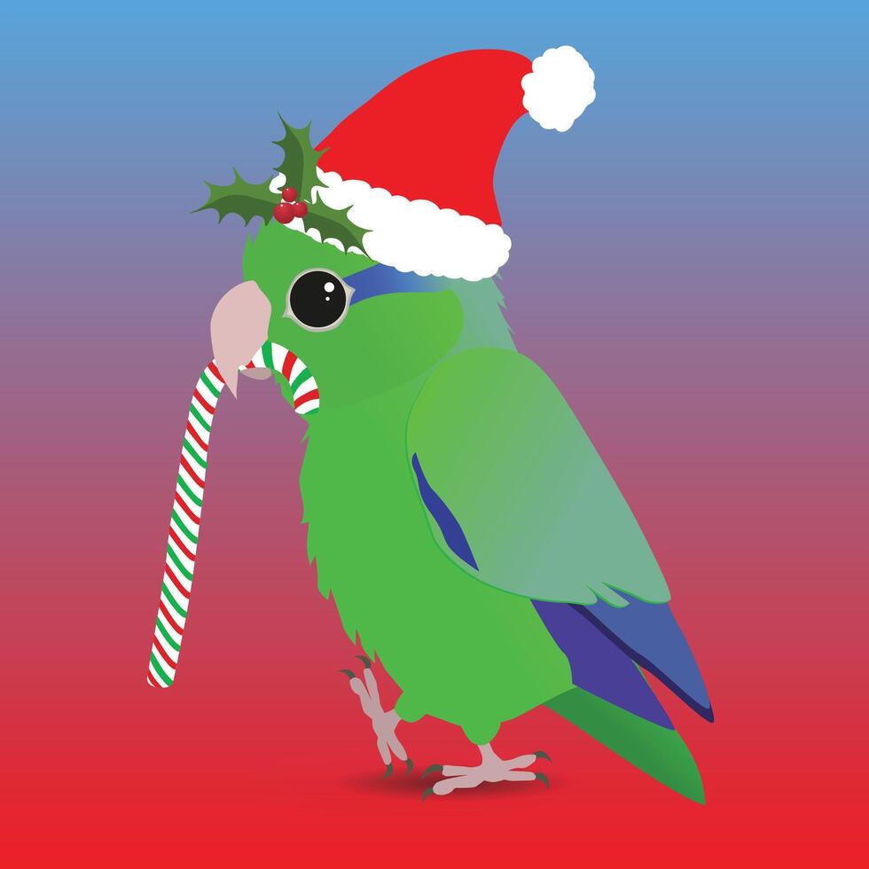 A digital illustration of a cute green parrotlet. He is wearing a Christmas hat and holding a candy cane. His hat is decorated whit holly. He looks very cute. vector