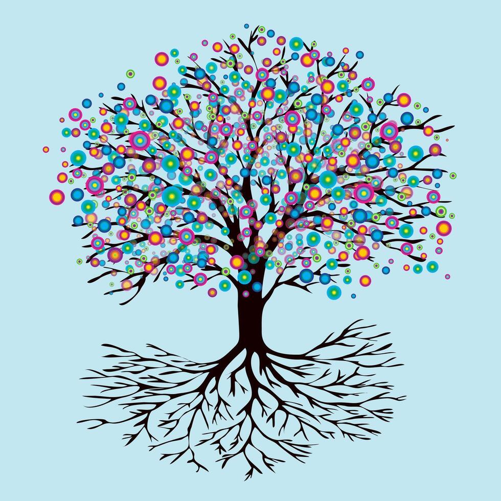 An illustration of a tree of life with abstract round rainbow colored flowers. Also yggdrasil. The trunk is dark green and the background color is soft blue vector