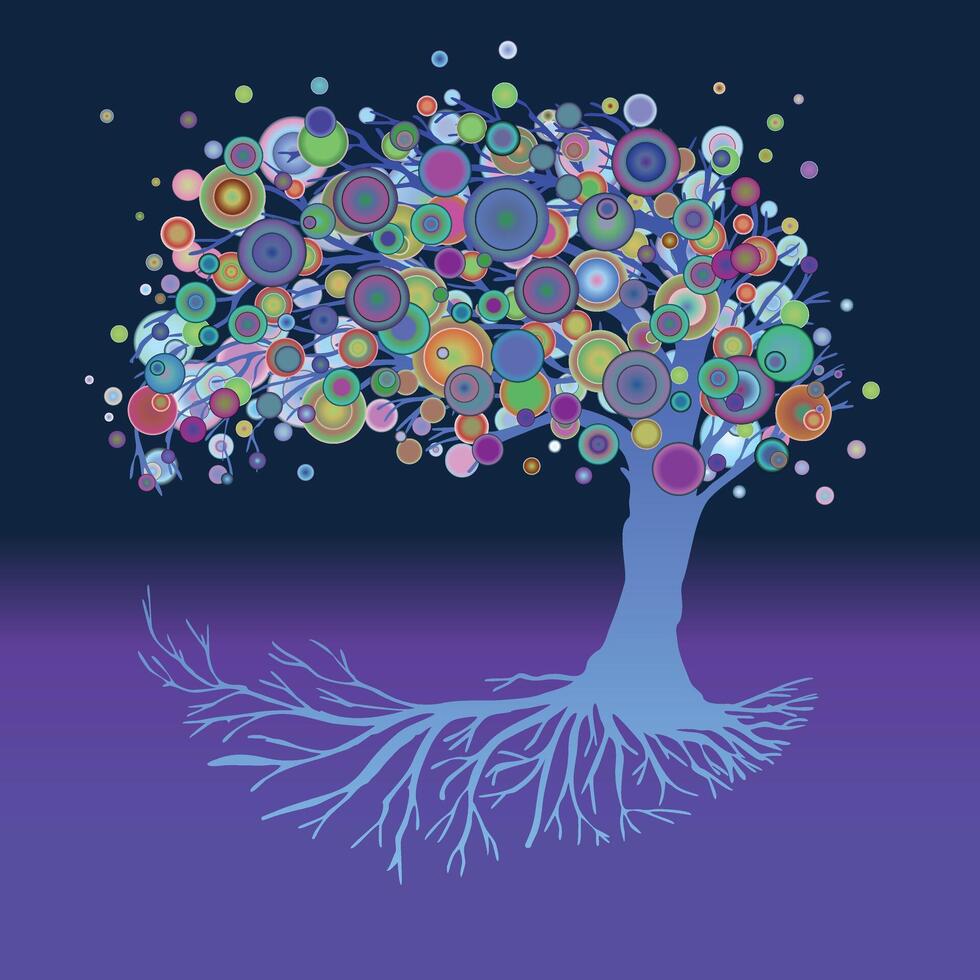 A blue tree of life or yggdrasil with round gradient flowers. The tree is in blue tints. The background is a dark blue and purple gradient. vector