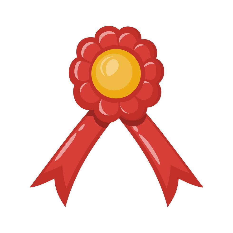 Award ribbon rosette in cartoon style.Champion gold medal with red ribbon. Award with a rosette for first place in competitions, guarantee of product quality. vector