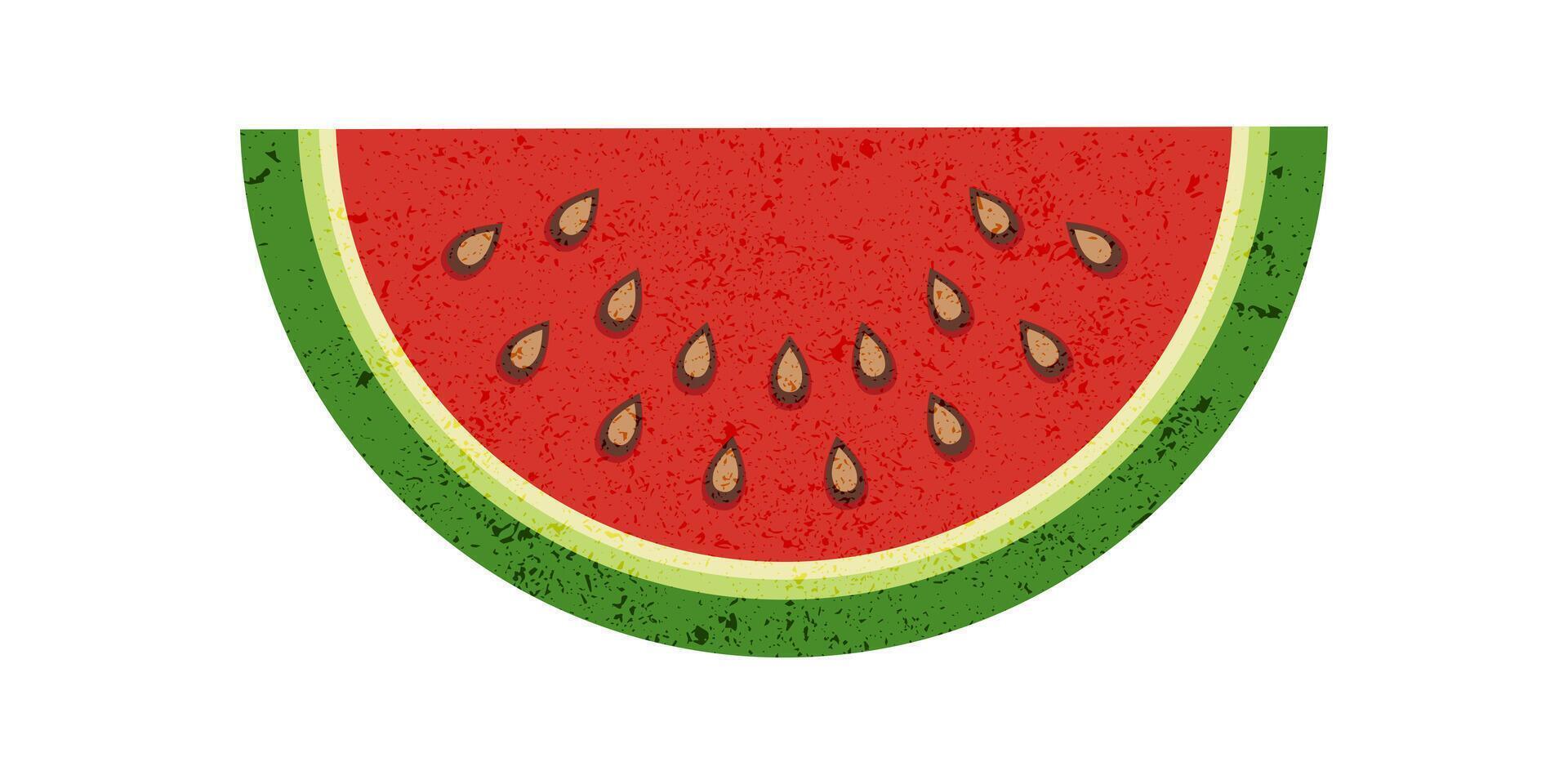 A vibrant red watermelon slice in flat style isolated on white. Greeting card celebrating watermelon day. Vintage banner with grunge texture. vector
