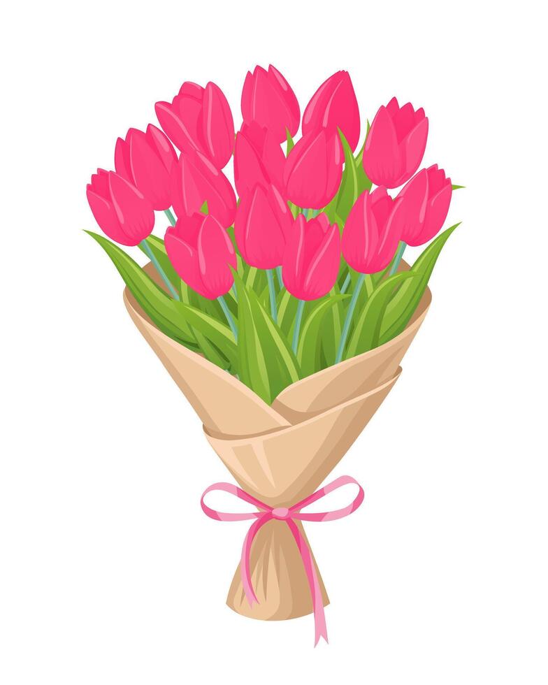 Bouquet of pink tulips in decorative paper with a satin ribbon. A charming gift with flowers for Valentine's Day, Mother's Day, or to show appreciation. Design element for greeting card, invitation. vector