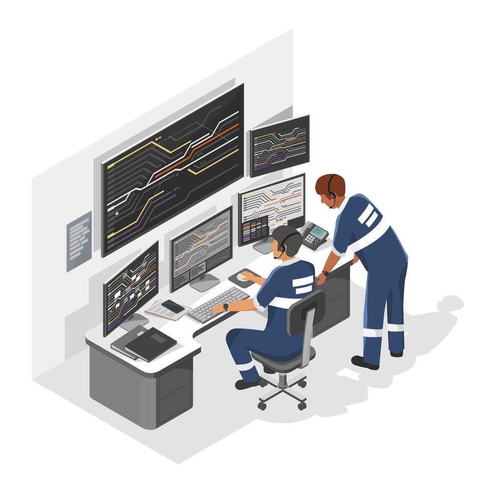 railway traffic controller system room engineer working job on monitors to manage railway and truck shipping and logistic concept isometric isolated cartoon vector