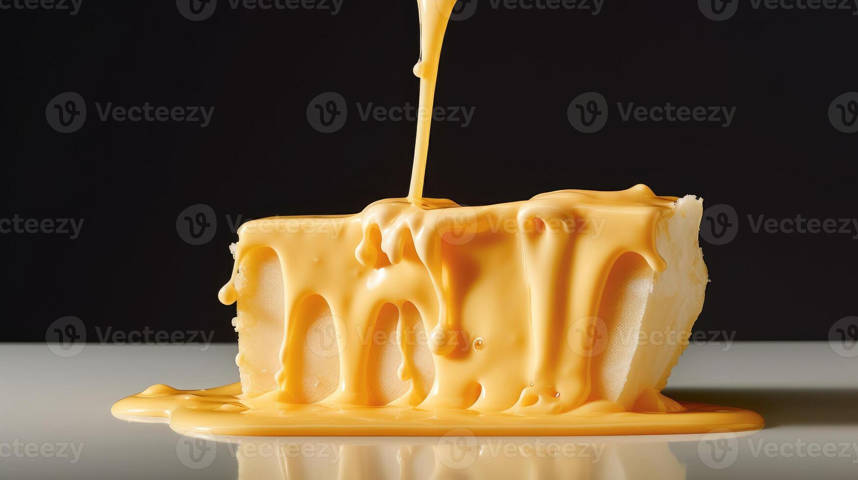 Melted cheese dripping down on a piece of cheese block isolated on a studio background. photo
