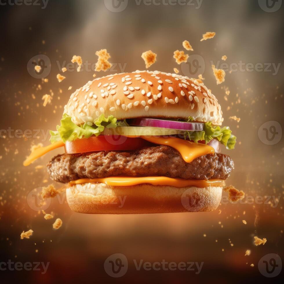Closeup of a burger made with beef, cheese, and vegetables. Hamburger on the air with small pieces of crunchy chips splash behind, isolated on blurred background. photo