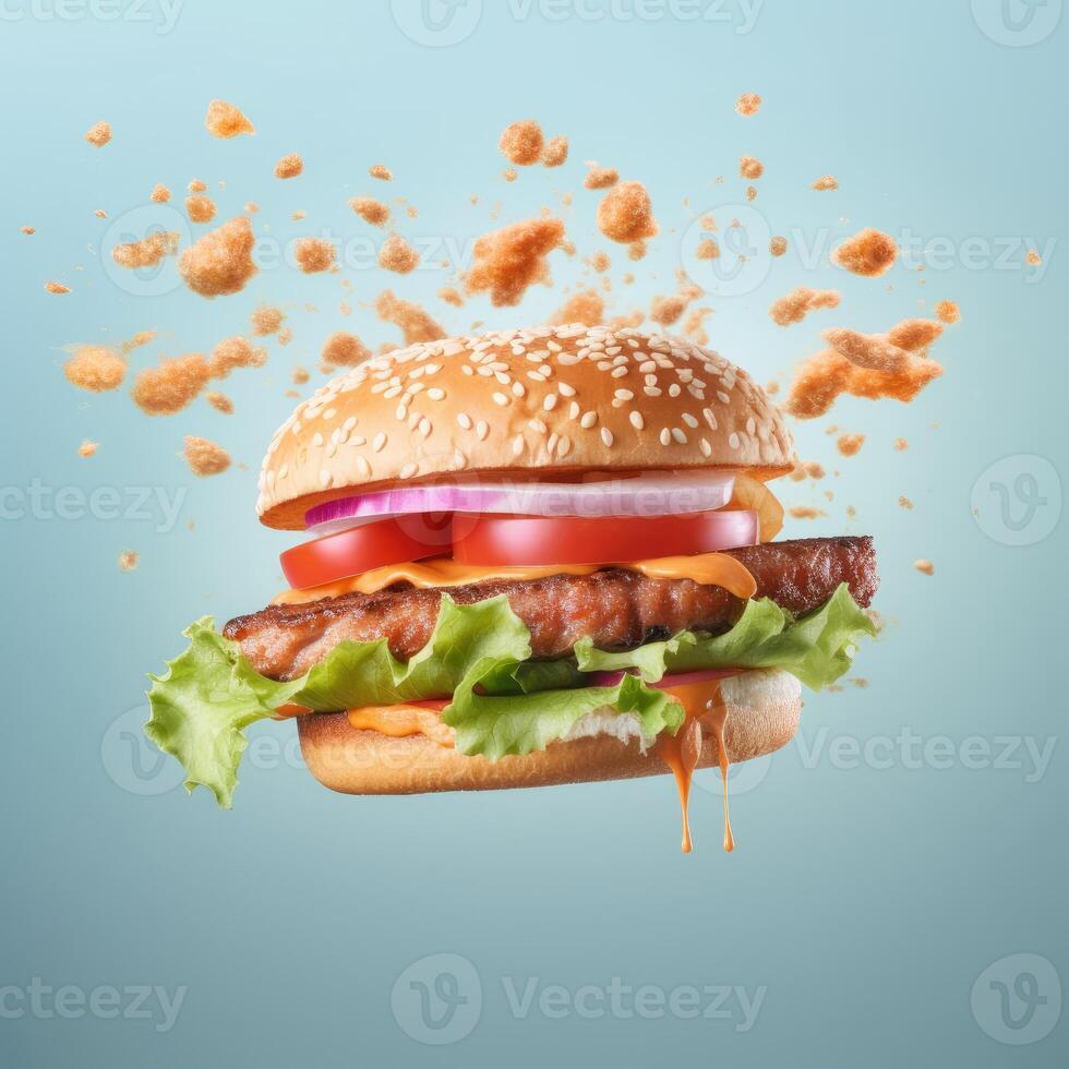 Burger on the air with crunchy ingredients splash behind isolated on lite blue background. photo