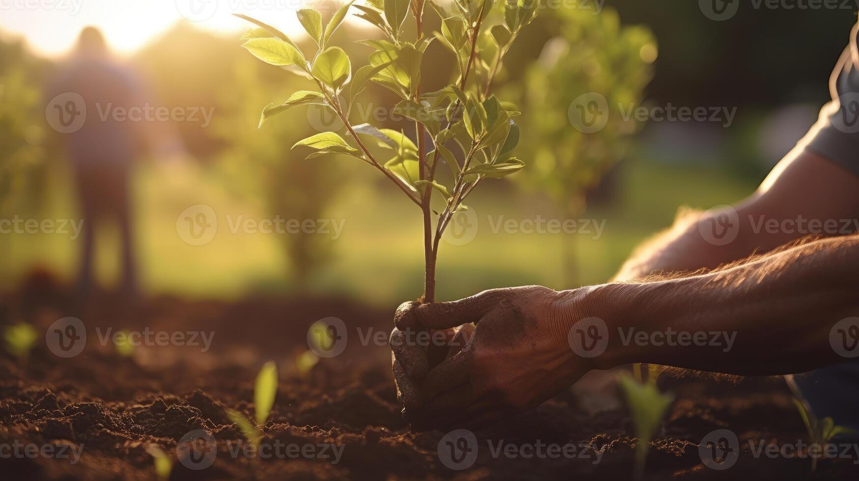 Two hands of the men were planting the seedlings on the soil. Concept of world environment day, tree plantation, save nature, save forest, save eco system. photo