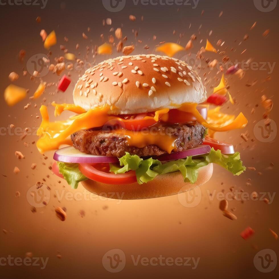 Delicious burger on air with spice splash background. Square format. Copy space for text. photo