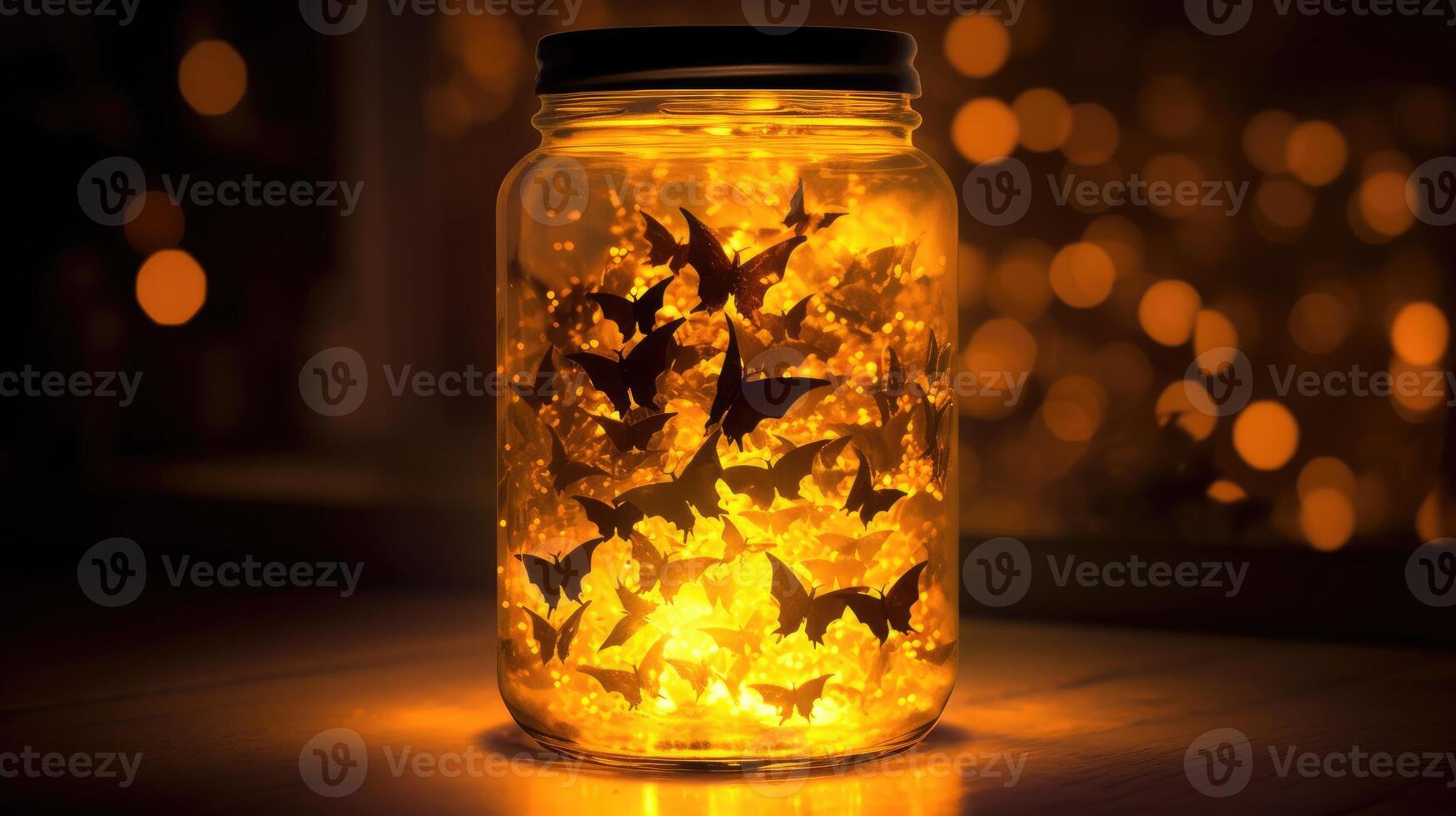 Magical Glowing unrealistic insects inside a jar. Beautiful illuminated bottle background. photo