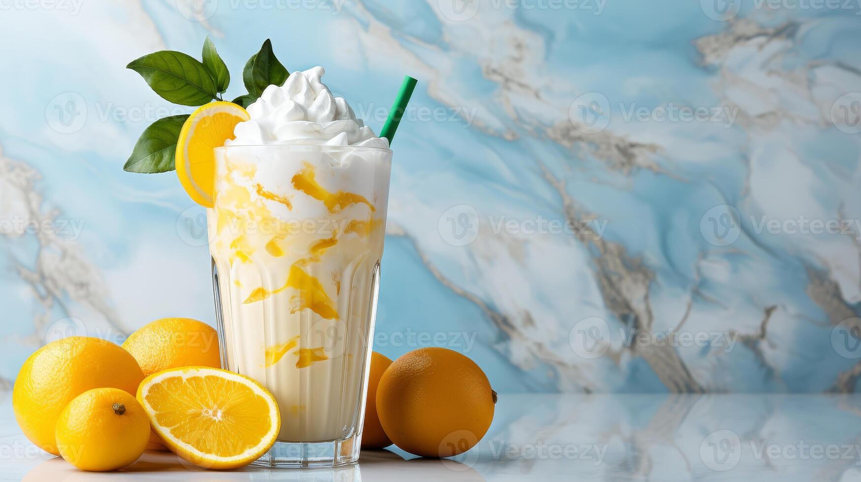 Refreshing citrus lemonade with lemon slices and whipped cream. photo