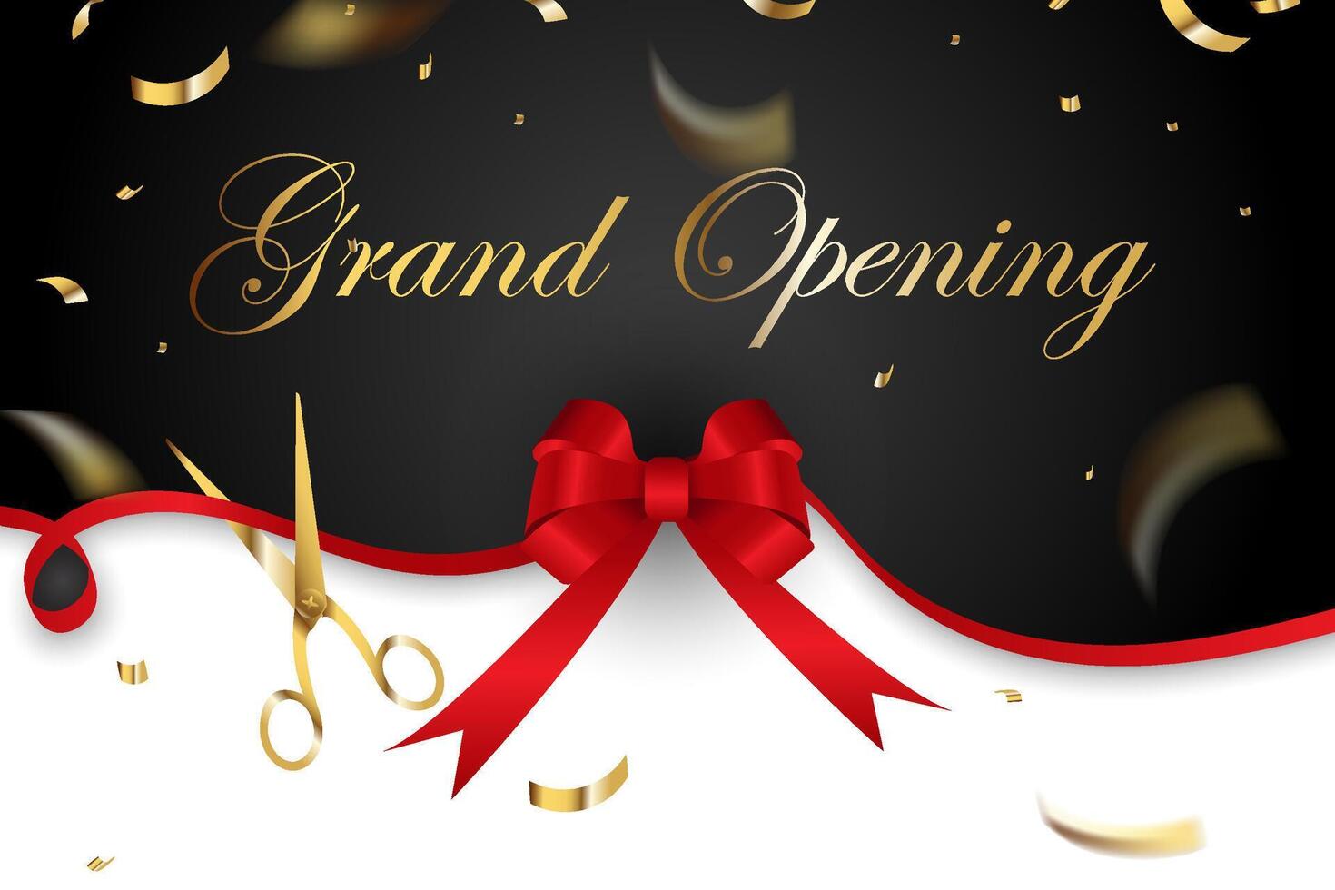 Grand opening card design with red ribbon and gold scissors, gold confetti sprinkles vector