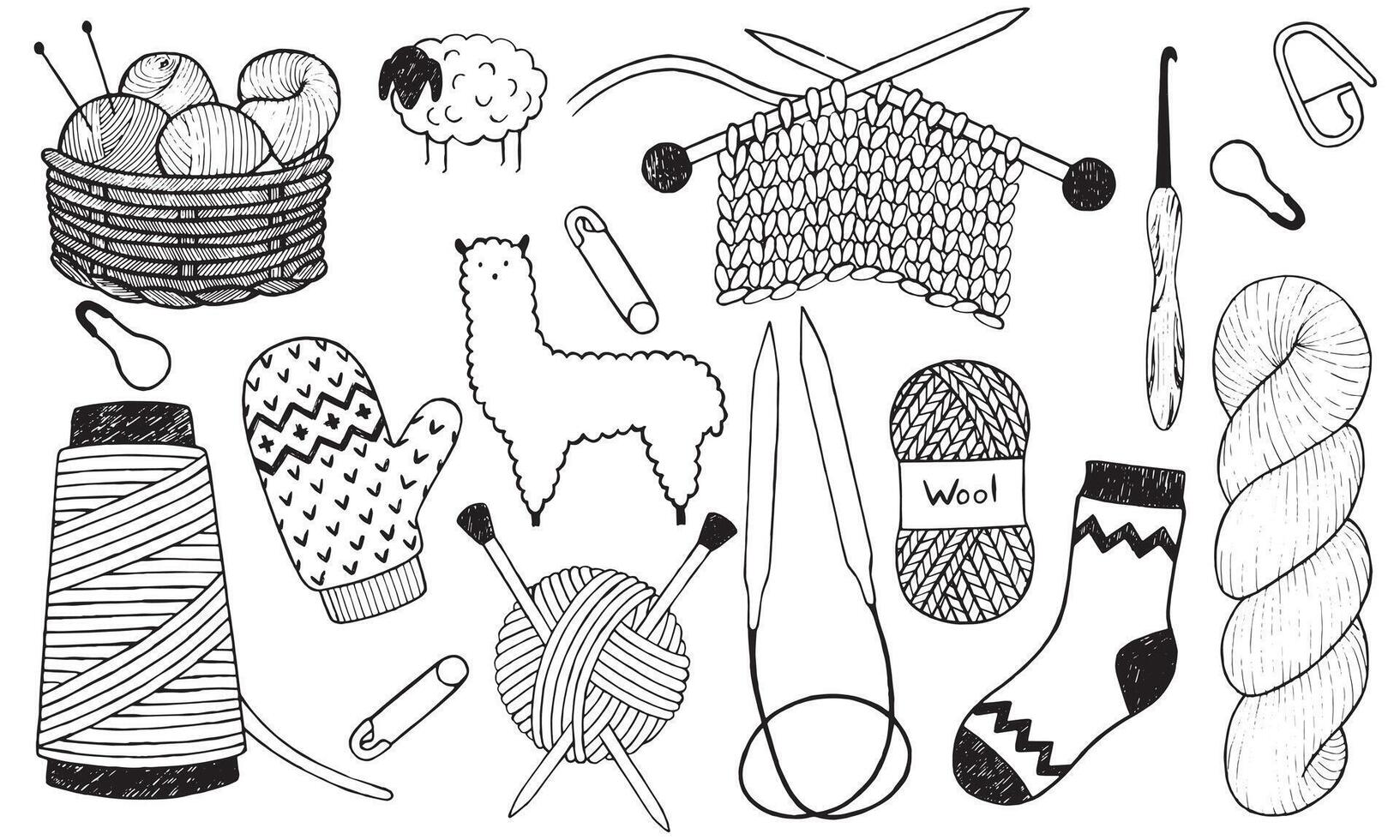 Set with knittings elements. Yarn, knitting needles, wool, knitted socks, alpaca, pins, etc. vector