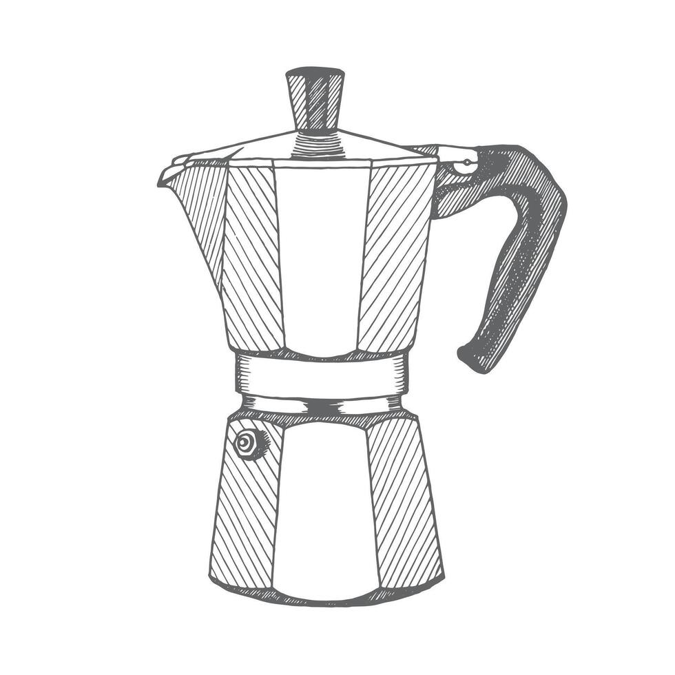 Italian coffee maker or moka pot, espresso machine. Hand drawn illustration. vector