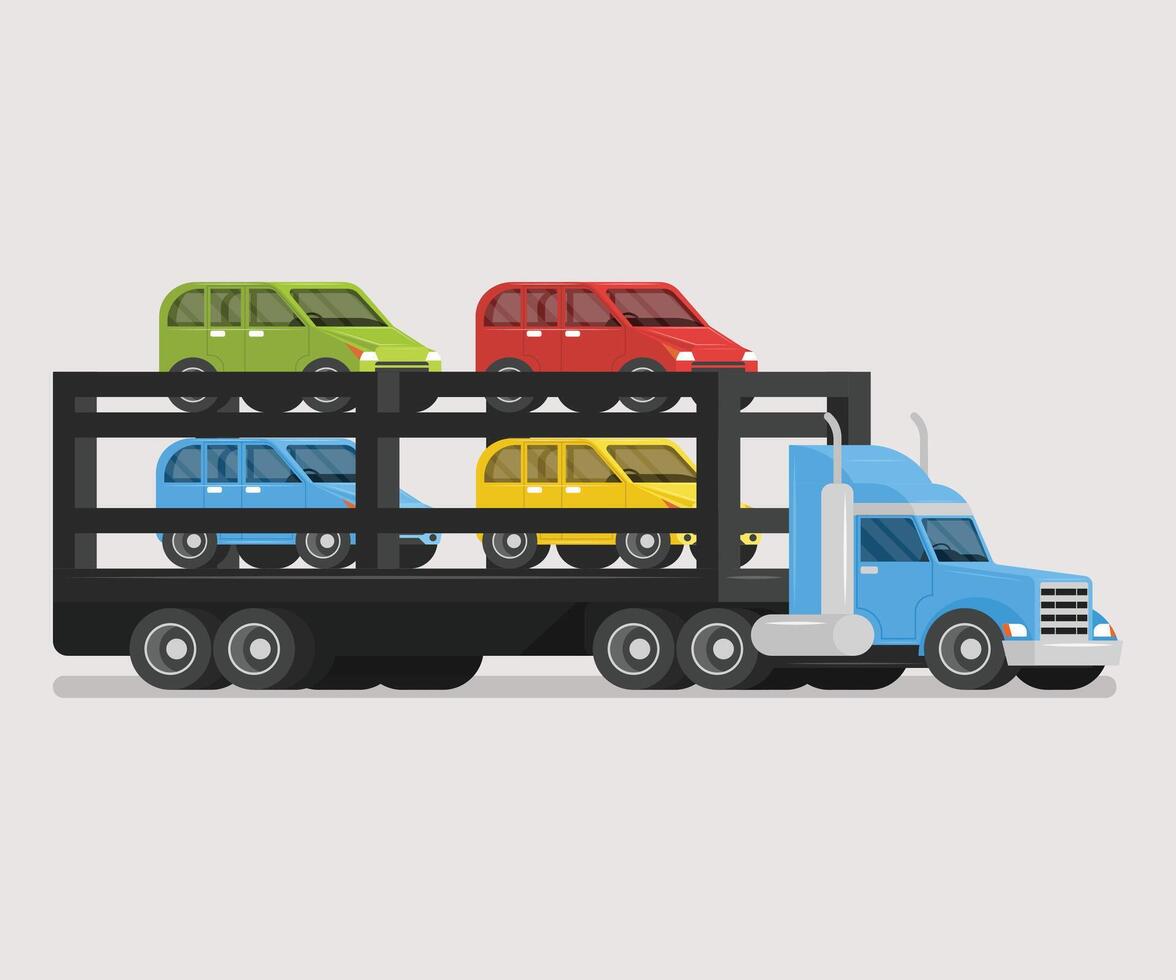Car transport truck carrier loaded with various cars isolated illustration vector
