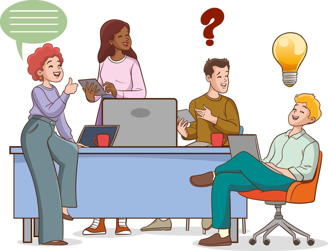 Business People Discussing Ideas at Board Meeting in Office. Brainstorming Team Concept. Teamwork Project Development Process. Cartoon Illustration vector