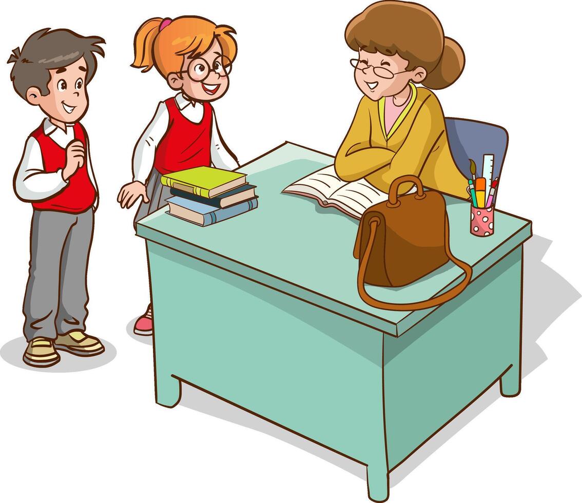 Classroom with students and teacher. Classroom interior. Children listening to teacher. Primary school children. Illustration with children and teacher in classroom. Education illustration. vector