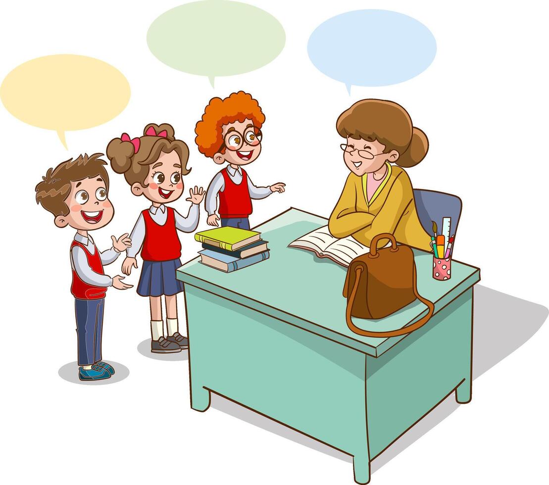 Classroom with students and teacher. Classroom interior. Children listening to teacher. Primary school children. Illustration with children and teacher in classroom. Education illustration. vector