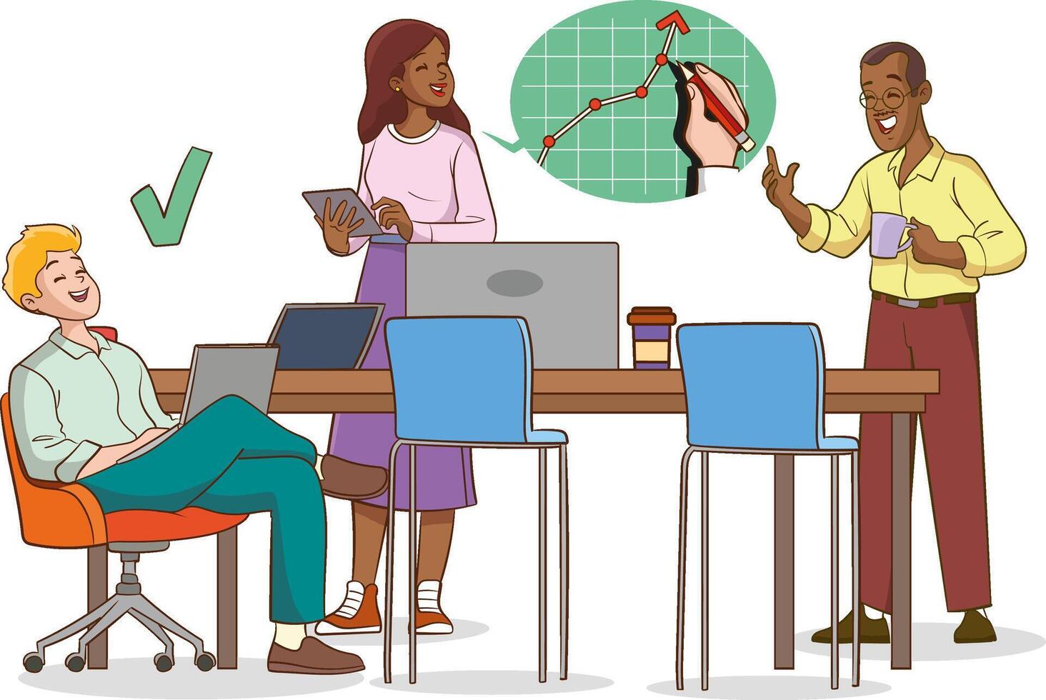 Business People Discussing Ideas at Board Meeting in Office. Brainstorming Team Concept. Teamwork Project Development Process. Cartoon Illustration vector