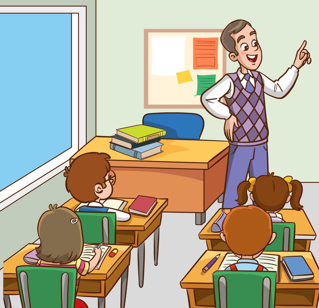Classroom with students and teacher. Classroom interior. Children listening to teacher. Primary school children. Illustration with children and teacher in classroom. Education illustration. vector