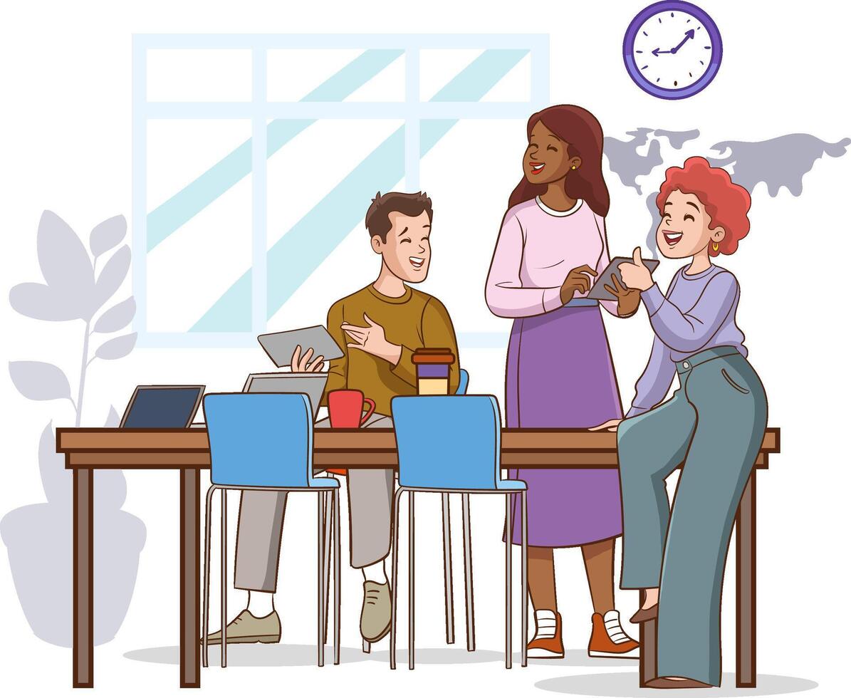 Business People Discussing Ideas at Board Meeting in Office. Brainstorming Team Concept. Teamwork Project Development Process. Cartoon Illustration vector