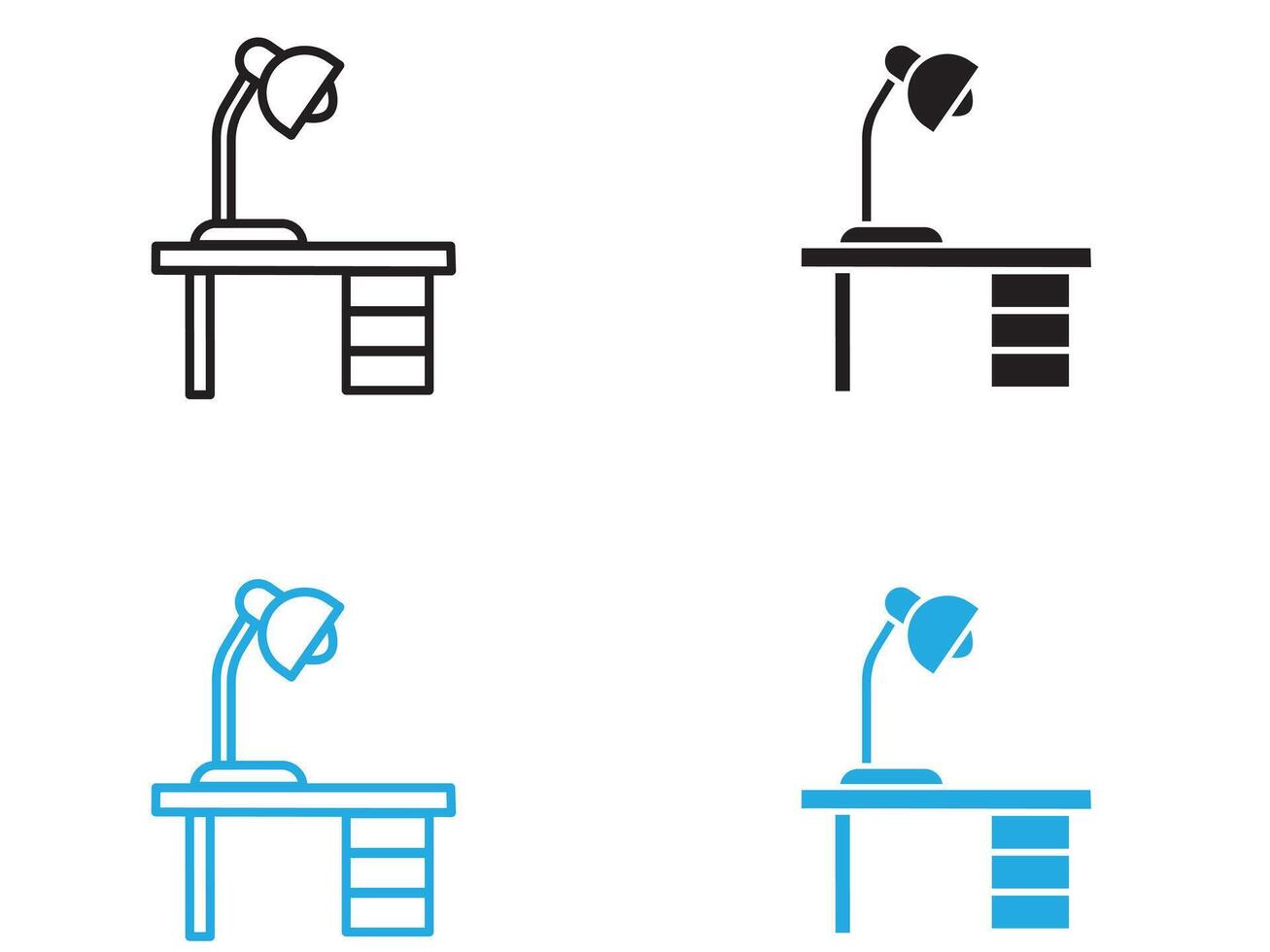 Desk with lamp icon black and white outline sign vector