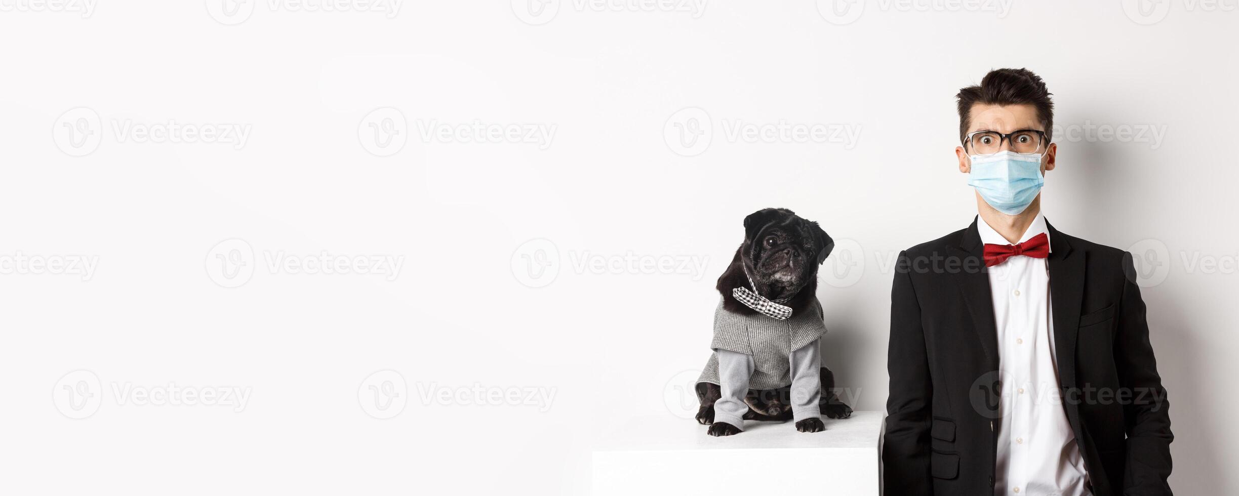Coronavirus, pets and celebration concept. Handsome young man and dog wearing suits, guy have medical mask, standing over white background photo